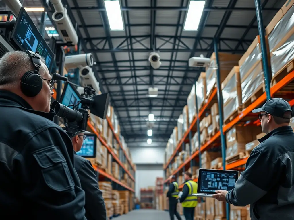 A secure warehouse with personnel and technology ensuring safety.