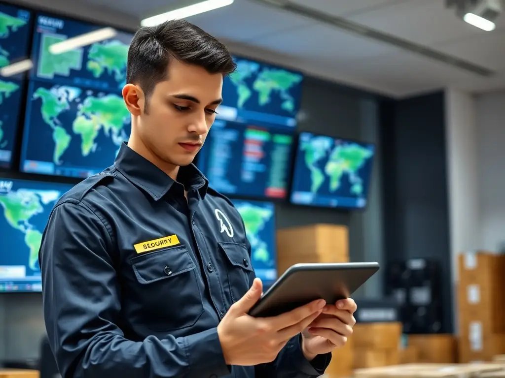 A security professional using a tablet to track shipments in real-time.