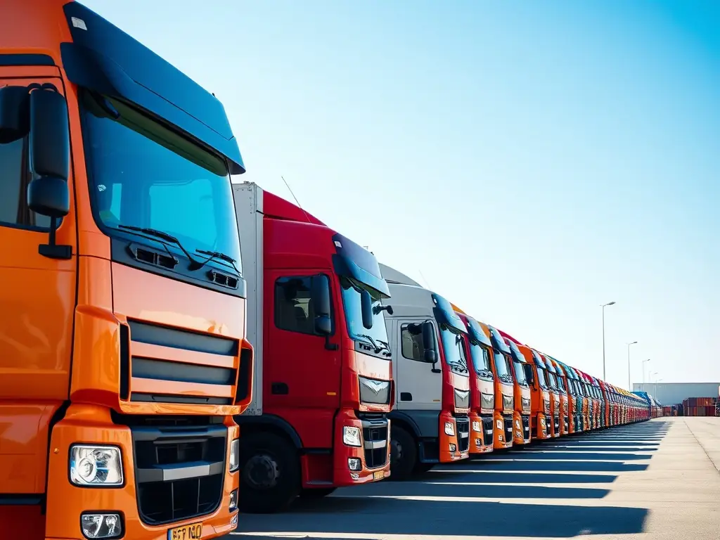 A fleet of modern trucks ready for shipment in a bright shipping yard.